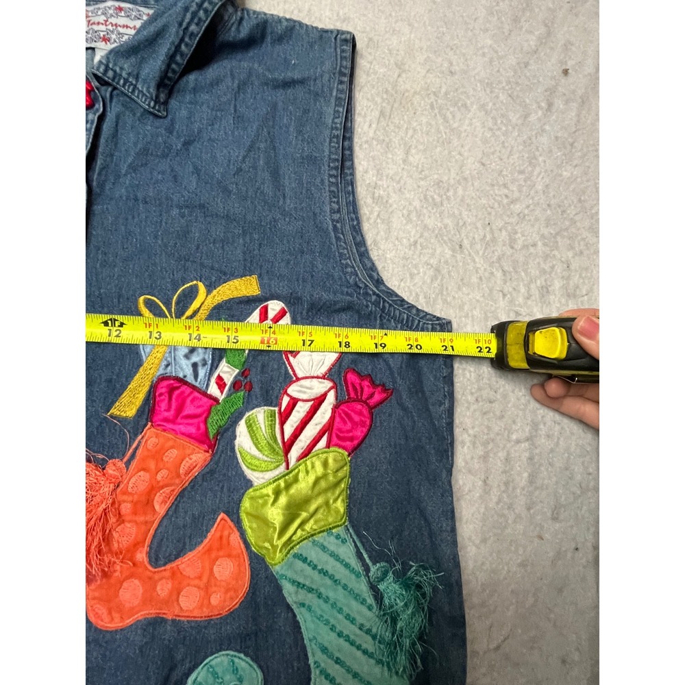 Tantrums Vintage Christmas Denim Vest Large Blue Stocking Candy Cane Applique - Picture 5 of 5